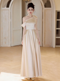 Champagne A Line Elegant One Shoulder Satin Long Bridesmaid Dress HZ1024