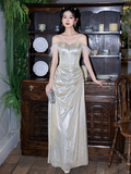 Shiny A Line Off The Shoulder Satin Sequin Long Bridesmaid Dress HZ1024