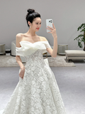 Dreamy Ball Gown Off The Shoulder Satin Tulle Lace Long Wedding Dresses HZ1024