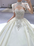 Timeless Ball Gown Satin Beaded Short Sleeves Long Wedding Dresses HZ1024
