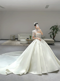 Timeless Ball Gown Satin Beaded Short Sleeves Long Wedding Dresses HZ1024