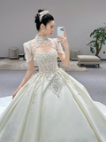 Timeless Ball Gown Satin Beaded Short Sleeves Long Wedding Dresses HZ1024