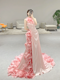 Stunning Mermaid Halter Pink Satin Flowers Long Prom Dresses HZ1024
