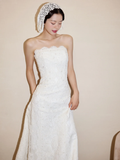 Vintage Mermaid Strapless Satin Lace Long Wedding Dresses HZ1024