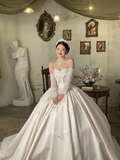 Vintage Ball Gown Strapless Satin Beaded With Sleeves Long Wedding Dresses HZ1024