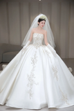 Timeless Ball Gown Strapless Satin Beaded With Gloves and Veil Long Wedding Dresses HZ1024