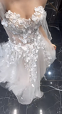 Pretty A Line Off The Shoulder Tulle Applique Long Wedding Dresses HZ1024