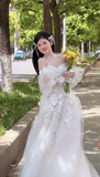 Pretty A Line Off The Shoulder Tulle Applique Long Sleeves Long Wedding Dresses HZ1024