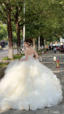 Pretty Ball Gown Strapless Tulle Applique Long Wedding Dresses HZ1024