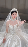 Dreamy Ball Gown Strapless Satin Applique Beaded With Veil Long Wedding Dresses HZ1024