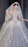 Shiny Ball Gown Tulle Sequin Beaded Short Sleeves With Veil Long Wedding Dresses HZ1024