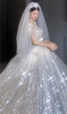 Shiny Ball Gown Tulle Sequin Beaded Short Sleeves With Veil Long Wedding Dresses HZ1024