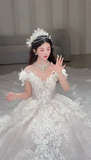 Pretty Ball Gown Off The Shoulder Tulle Lace Long Wedding Dresses HZ1024
