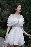 A-Line Strapless Cap Sleeves Back White Short Homecoming Dress HZ1024
