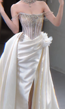 Sexy Mermaid Off The Shoulder Satin Beaded Slit Long Wedding Dresses HZ1024