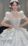 Timeles Ball Gown Square Tulle Sequin Short Sleeves Long Wedding Dresses HZ1024
