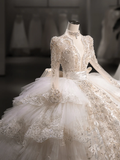 Luxurious Ball Gown Tulle Lace Sequin Beaded Long Sleeves With Veil Long Wedding Dresses HZ1024
