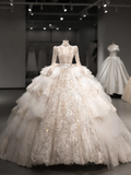 Luxurious Ball Gown Tulle Lace Sequin Beaded Long Sleeves With Veil Long Wedding Dresses HZ1024