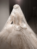Luxurious Ball Gown Tulle Lace Sequin Beaded Long Sleeves With Veil Long Wedding Dresses HZ1024