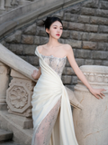 Unique Mermaid One Shoulder Satin Tulle Beaded Long Wedding Dresses HZ1024
