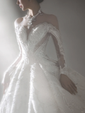 Timeless Ball Gown Off The Shoulder Tulle Lace Beaded Long Sleeves Long Wedding Dresses HZ1024