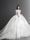 Gorgeous Ball Gown Tulle Lace Long Sleeves Long Wedding Dresses HZ1024