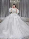 Pretty Ball Gown Tulle Lace Applique Short Sleeves Long Wedding Dresses HZ1024