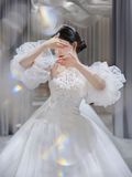 Pretty Ball Gown Tulle Lace Applique Short Sleeves Long Wedding Dresses HZ1024