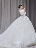 Pretty Ball Gown Tulle Lace Applique Short Sleeves Long Wedding Dresses HZ1024