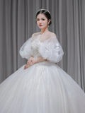 Pretty Ball Gown Tulle Lace Applique Short Sleeves Long Wedding Dresses HZ1024