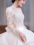 Timeless Ball Gown Satin Tulle Applique Beaded Long Sleeves Long Wedding Dresses HZ1024