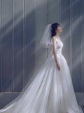 Unique Ball Gown Strapless Tulle Applique With Veil Long Wedding Dresses HZ1024