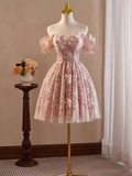 Cute Ball Gown Off The Shoulder Pink Lace Party Dress Homecoming Dresses HZ1024