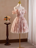 Cute Ball Gown Off The Shoulder Pink Lace Party Dress Homecoming Dresses HZ1024