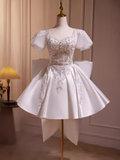 Cute Ball Gown Short Sleeves White Satin Party Dress Homecoming Dresses HZ1024