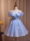 Elegant Ball Gown Off The Shoulder Tulle Party Dress Blue Homecoming Dresses HZ1024