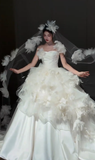 Timeless Ball Gown Strapless Satin Tulle Applique With Veil Long Wedding Dresses HZ1024