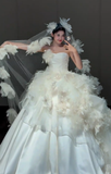 Timeless Ball Gown Strapless Satin Tulle Applique With Veil Long Wedding Dresses HZ1024