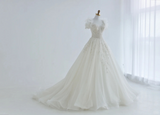 Unique A Line Tulle Sequin Beads Applique Short Sleeves Long Wedding Dresses HZ1024