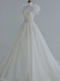 Unique A Line Tulle Sequin Beads Applique Short Sleeves Long Wedding Dresses HZ1024