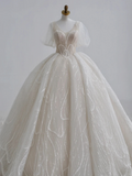 Classy Ball Gown V Neck Tulle Sequin Short Sleeves Long Wedding Dresses HZ1024
