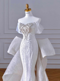 Glitter Mermaid Off The Shoulder Satin Sequin Beads Back With Bow Long Wedding Dresses HZ1024