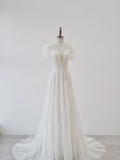 Princess A Line Tulle Sequin Blackless Short Sleeves Long Wedding Dresses HZ1024