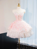 Sweet Ball Gown Strapless Satin Tulle Short Homecoming Dress 16th Birthday Outfits HZ1024