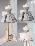 Pretty Gray Ball Gown Strapless Satin Sequin Back With Bow Short Homecoming Dress 16th Birthday Outfits HZ1024