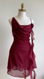 Burgundy A Line Spaghetti Straps Chiffon Ruffles Short Homecoming Dress 18th Birthday Outfits HZ1024