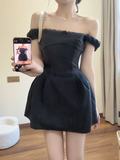 Black A Line Off The Shoulder Satin Short Homecoming Dress 16th Birthday Outfits HZ1024
