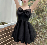 Cute A Line Spaghetti Straps Black Satin Chiffon Bow Short Homecoming Dress 16th Birthday Outfits HZ1024