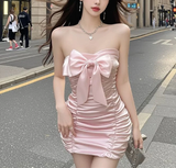 Pretty Mermaid Strapless Pink Satin Bow Short Homecoming Dress 18th Birthday Outfits HZ1024