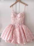Simple A Line Spaghetti Straps Lace Birthday Dress Pink Homecoming Dresses HZ1024